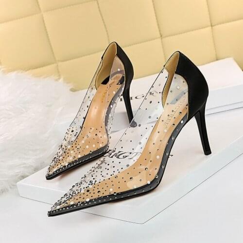 BIGTREE Shoes Sparkle Rhinestones Kitten Heels Women Pumps PVC Transparent High Heels Pointed Toe Women Heels New Banquet Shoes