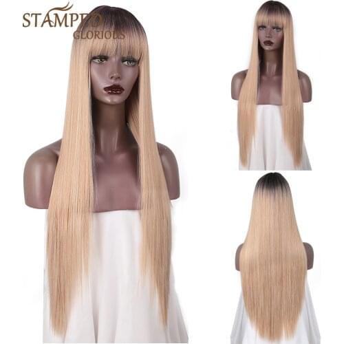 Stamped Glorious Synthetic Ombre Blonde Wig Long Silky Straight Cosplay Wigs with Bangs High Temperature Black Red Brown Wig