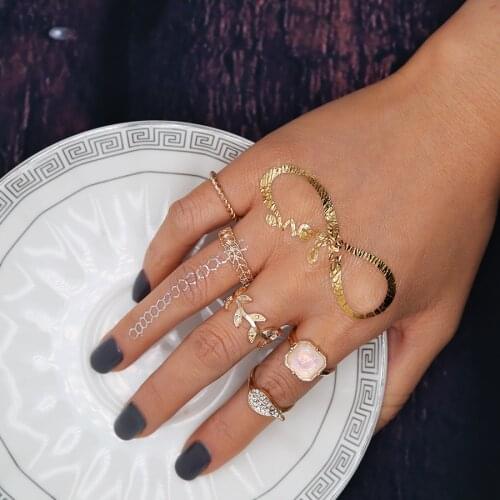 Boho Vintage 5Pcs/Set Gold Color Midi Finger Ring Sets Fashion Crystal Leaf Pink Stone Knuckle Rings for Women