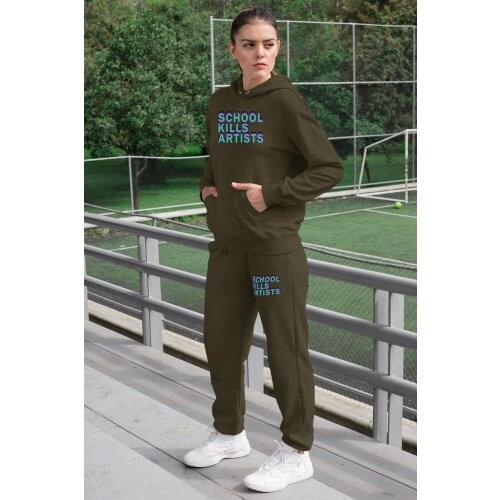 Angemiel Wear School Lion Women Tracksuit Set Green Hooded Sweatshirt Green Sweatpants
