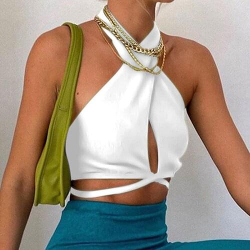 2021 Summer Crop Tops Bandage Halter For Women Wrap Tank Tops Sleeveless Backless New Club Chic Sexy Solid Color Slim Streetwear