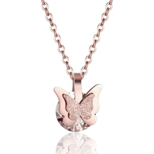 New Butterfly Pendant Clip Crystal Necklace For Women High Quality Stainless Steel Plated Rose Gold Cute Necklace Jewelry