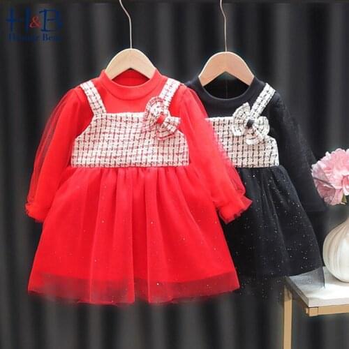 Humor Bear Baby Dress New Spring Autumn Long Sleeve Plaid Printed Mesh Yarn Patchwork Princess Dress Toddler Clothes