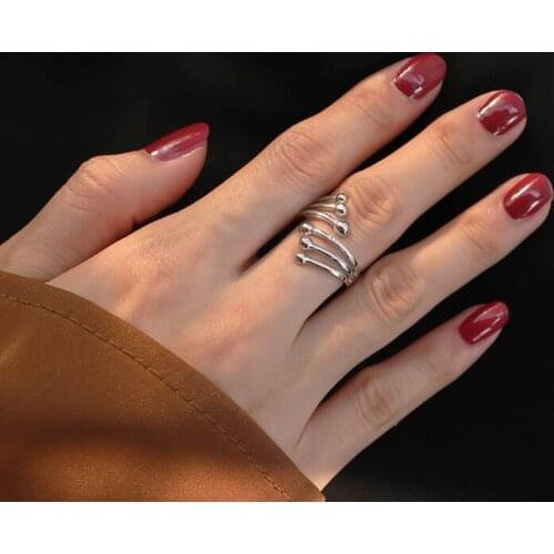925 Sterling Silver 6 Beads Antique Silver Personality Open Silver Cocktail Ring Adjustable Statement Engagement Enhancers Ring