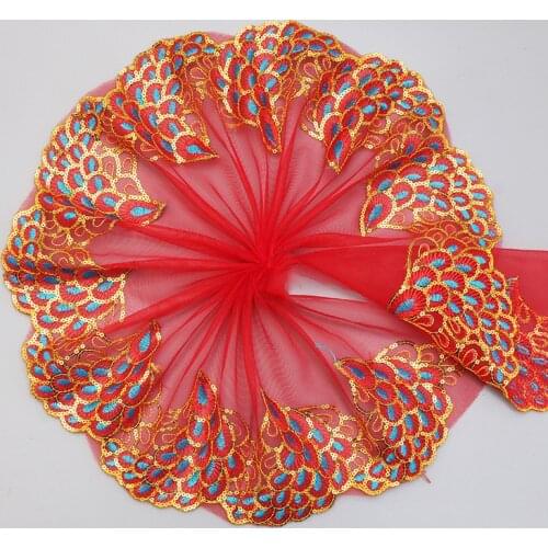 15Yards Embroidery Lace Trim Red Pink Blue White Tulle Ribbon Wedding Fabric with Sequins for Doll Toys Dress