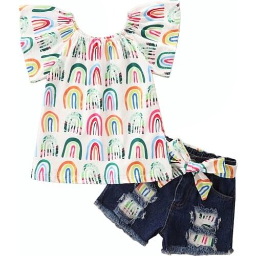 2Pcs Sweet Style Little Girls Outfit Summer Rainbow/Sunflower Printing Short Sleeve Tops Ripped Denim Shorts with Belt Set 1-6Y