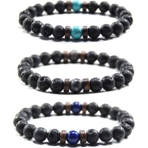 2Pcs/Set of Couples Long Distance Bracelet Male Black Lava Stone Bead Charm Wooden Bead Female Male Bracelet Gift