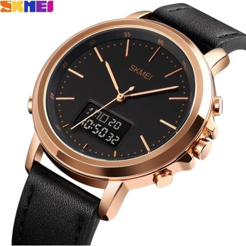 SKMEI Digital Quartz Men Watches Sports Chrono Dual Display Electronic Clock Leather Strap Male Wristwatches Relogio Masculino
