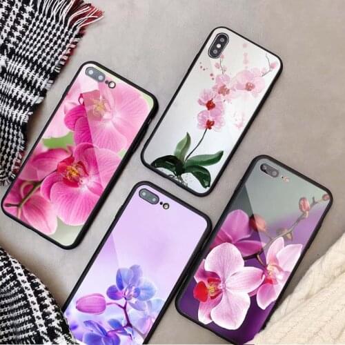 Orchid Flowers Tempered Glass Phone Case For iphone 12 11 Pro Max 5 6 7 8 X XS XR XSMax Shell 12Pro Max Cover Shell