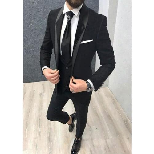 Black Fashion Mens Wedding Costume 3 Pieces Wedding Suits for Men Shawl Lapel Groom Suits Wedding Tuxedos Jacket+Pants+Vest