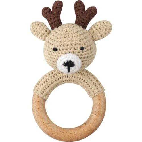 Baby Rattle Crochet Toy Safety Wooden Ring Hand Grip Shaking Toys