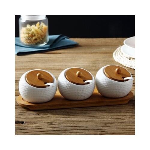 Ceramic Condiment Storage Jar Household Seasoning Pot Bamboo Tray Spice Jar Soy Sauce Box Salt Sugar Can Kitchen Organizer Tools
