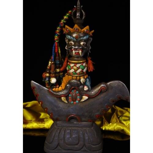 16"Tibet Temple Collection Old Tiantie Tracing Skull head Mahakala head statue Dorje Vajra Phurpa Base set Town House Exorcism
