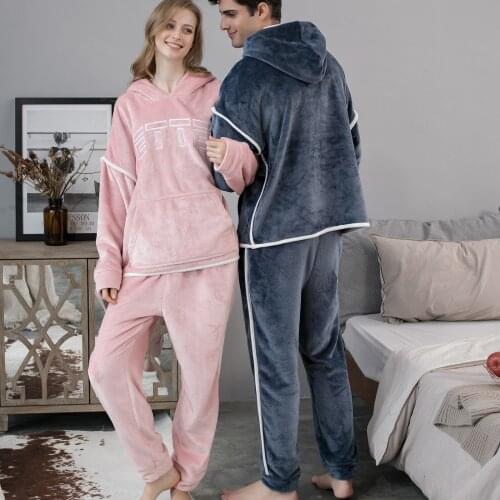 Fashion Couple Unisex Winter Warm Women Men Pocket Long Sleeve Hooded Tops Long Pants Thick Plush Two Piece Set Homewear#g3