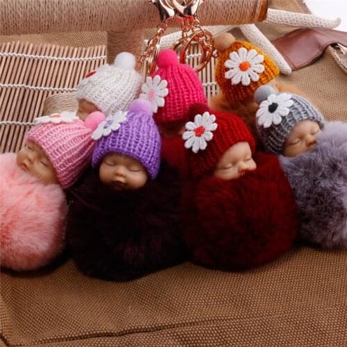 Fashion Sleeping Baby Doll Keychain Women Fluffy Pompom Key chain llaveros pom pom keyring Key Holder Bag Chaveiro Pompon Porte