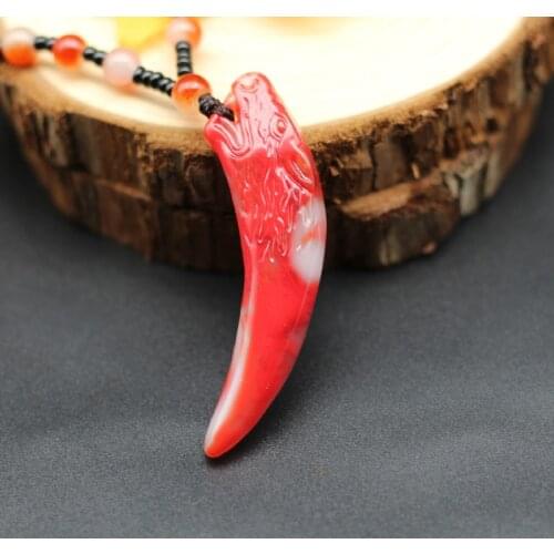 Fashion Natural Red White Jade Wolf Tooth Pendant Necklace Chinese Hand-Carved Charm Jewelry Amulet for Men Women Lucky Gifts