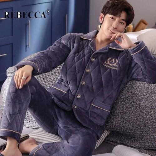 Mens Winter Three-layer Thick Flannel Pajamas Set Male Chest Embroidery Sleep Tops & Bottoms Warm Thermal Home Clothing
