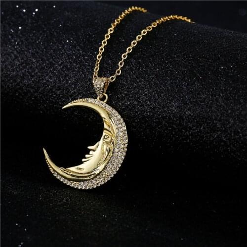 New Fashion Gold Color Big Size Moon Pendant Necklace For Women Girl Hot Sale Luxury Full CZ Pave Setting Copper Jewelry Gift