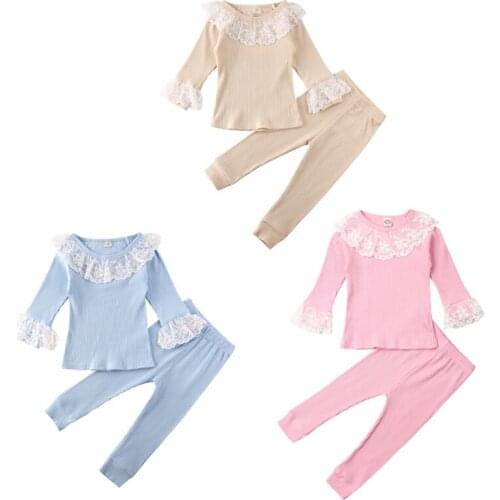 Autumn Toddler Baby Girls Clothes Sets 1-5Y Solid Lace Ruffle Top T-shirt Pants Outfit Sets