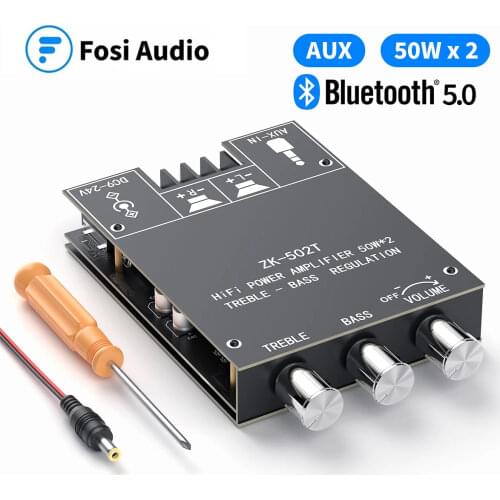 Fosi Audio Bluetooth 5.0 Audio Receiver Amplifier Board Wireless Power Digital AUX Amp Module Bass & Treble TPA3116D2 50W x2