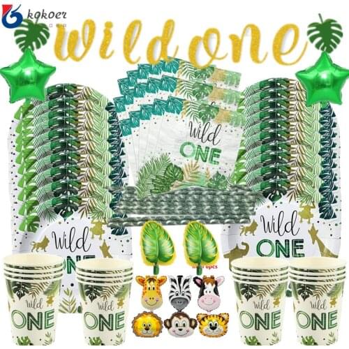 Wild One 1st Birthday Forest Animal Tableware Jungle Safari Birthday Decoration Party Supplies Paper Plates Cup Napkins banners