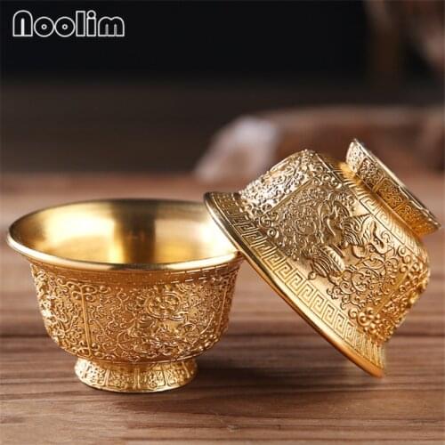 Pure Copper Retro Embossed Water Bowl Exquisite Golden Lotus Eight Auspicious Buddha Carving Tea Cup Temple Drinkware Tumbler