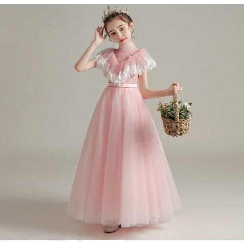 Luxury Pink Flower Girl Dresses Princess Lace Pearls Embroidery Sleeveless Ball Gown Floor-Length Tulle Kids Party Skirt H037