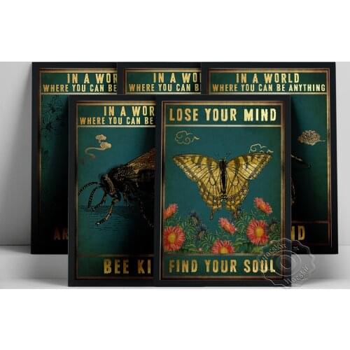 In A World Where You Can Be Anything Poster, Lose Your Mind Prints, Vintage Araneid Bee Butterfly Wall Art, Positive Text Decor