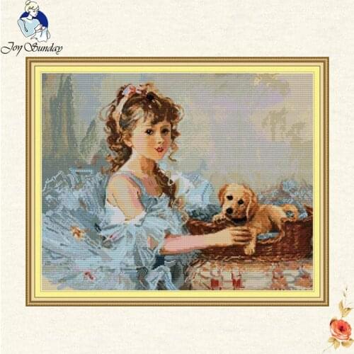 Joy sunday girls and dogs Embroidery Patterns Cross Stitch Needlework Home decoration Chinese Counted Patterns Kits