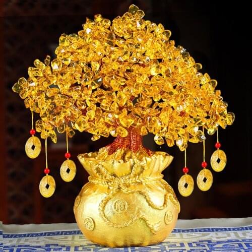 19/24cm Lucky Tree Wealth Yellow Crystal Tree Natural Money Tree Ornaments Bonsai Style Wealth Luck Feng Shui Craft Home Decor