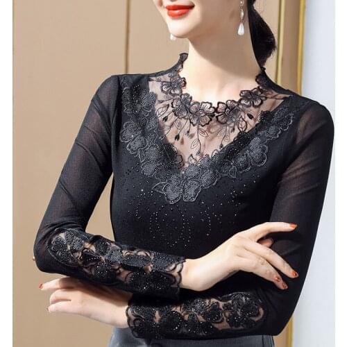Stylish Lace Mesh Patchwork Women Long Sleeve Floral Hollow Out Bottoming T Shirt 2021 Autumn Fashion Slim Top Camiseta