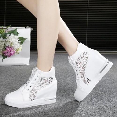 Women Wedge Platform Rubber Brogue Leather Lace Up High Heel Shoes Pointed Toe Increasing Creepers White Silver Sneakers621