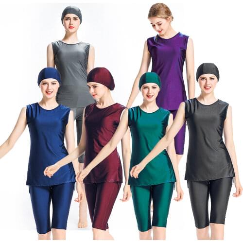 Muslim Women Swimwear Solid Color Vest Pants with Hood Three-piece Beach Suit S-4XL Burkini for Lady