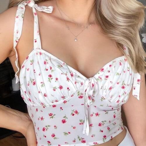Women Floral Print Cropped Cami Cute Lolita Style Bow Lace up Pleated y2k tops Pleated V-Neck Summer Sleeveless Vest tops