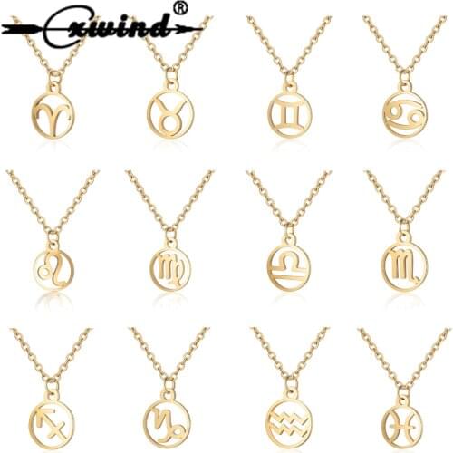 Cxwind 12 Zodiac Sign Pendant Necklace Stainless Steel Horoscope Astrology Round choker Necklace For Women Constellation Jewelry