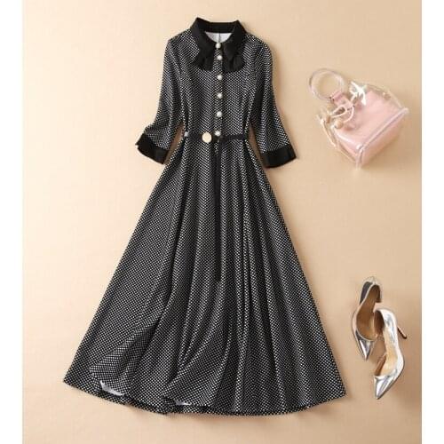 High Quality New Celebrity Style Dress 2021 Autumn Women Turn-down Collar Geometric Prints Belt Deco 3/4 Sleeve Mid-Calf Dress