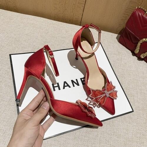 2021 Summer Sandals Womens New All-Match Pointed-Toe Bowknot Mid Heel Toe Box Rhinestone Stiletto Pumps High Heel