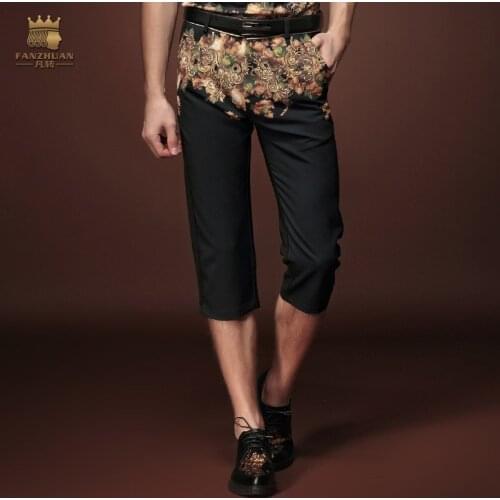 Free Shipping fashion casual Mens male New summer black trousers six slim men floral pants 15921 printing on sale