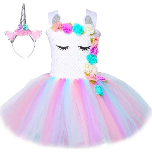 Flower Girls Unicorn Tutu Dress Pastel Rainbow Princess Girls Birthday Party Dress Children Kids Halloween Unicorn Costume 1-14Y