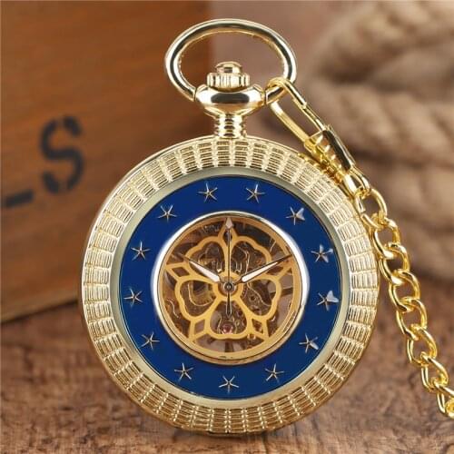 Noble Mechanical Pocket Watch Luxury Golden Hollow Stars Round Crystal Roman Number Dial Fob Chain Unique Family Friends Gifts