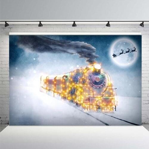 Backdrop for Photographic Studio Christmas Winter Snow Glitter Train Moon Fairy Tale Background Photocall Photobooth