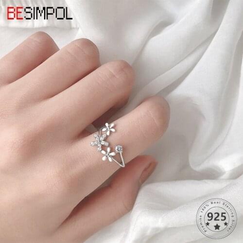 Besimpol Genuine 925 Sterling Silver Flower Rings Minimalist Mori Zircon Adjustable Rings For Women Simple Elegant Fine Jewelr