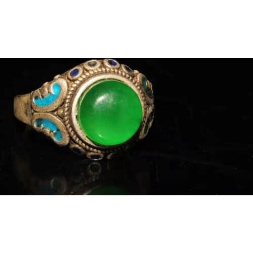 Collection Chinese old Tibetan silver cloisonne inlaid greenstone jade ring
