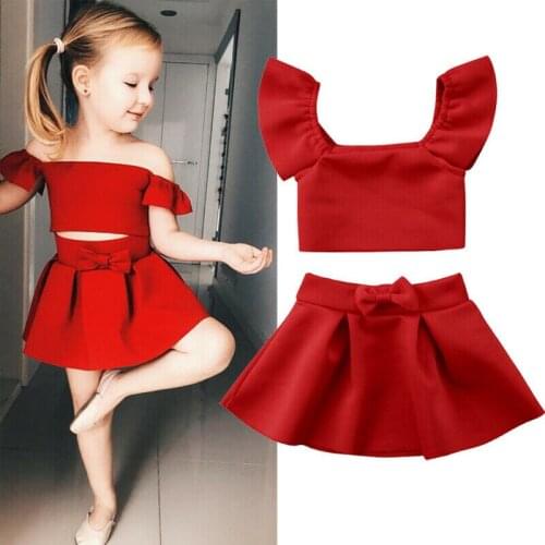 0-4Y Red Crop Off Shoulder Tops Bow Skirt Children Girl Clothing Summer Clothing Outfits 2Pcs Newborn Kid Baby Girls Clothes Set