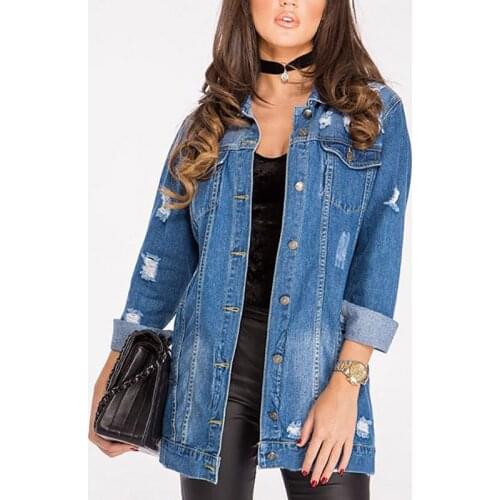 Plus Size 5XL Womens Basic Coat Holes Ripped Denim Jackets Long Sleeve Loose Streetwear Outerwear Spring Autumn Jeans Jacket
