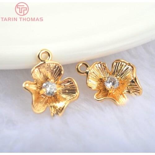 10PCS 14*11MM 24K Gold Color Brass with Zircon Flower Charms Pendants High Quality Diy Jewelry Findings Accessories