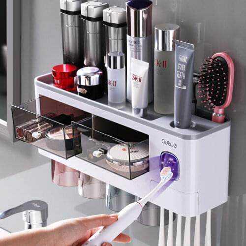 Magnetic Adsorption Inverted Toothbrush Holder Automatic Toothpaste Dispenser Squeezer Punch-Free Storage Rack Home Bathroom Set