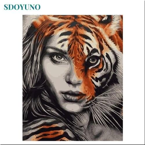 SDOYUNO 60x75cm DIY Oil Painting By Numbers Figure Picture By Numbers On Canvas Women and Tiger Frameless Home Decor