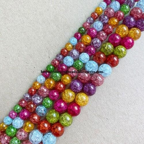 Natural Stone Mixed Colors Dyed Snow Cracked Crystal Round Loose Beads 15" 4 6 8 10 12MM Pick Size For Jewelry Making DIY