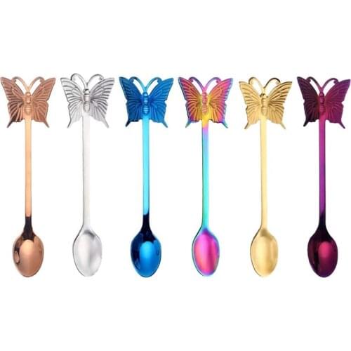 New 6-Pack Coffee Spoons Rainbow Colorful Teaspoon Dessert Espresso Stainless Steel Stirring Spoon(Butterfly)